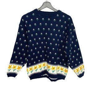 Vintage 90s Jumpers Blue Cotton Floral Pattern Pull Over Sweater Large